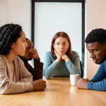 **

A diverse group of people sitting around a table, engaged in active listening and empathetic communication. Some are nodding, others are making eye contact, and one person is leaning forward to speak. The atmosphere is collaborative and solution-focused. Soft, warm lighting emphasizes the feeling of trust and understanding. The overall style should be inclusive and representative of different backgrounds.

**