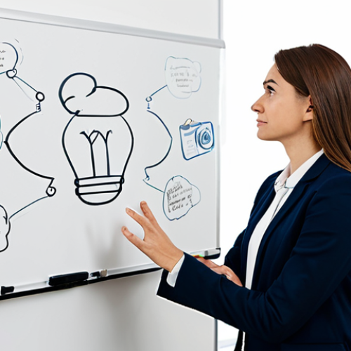 Home 14 A thoughtful professional individual, fully clothed in a modest business casual outfit, stands in a brightly lit, contemporary office, gazing at a clean whiteboard. The whiteboard has a few sketched, abstract thought bubbles, subtly symbolizing ideas being organized or reframed. The individual's pose is natural and reflective, hands gently clasped. The background features blurred modern office furniture and natural light. This image conveys clarity and problem-solving. Perfect anatomy, correct proportions, well-formed hands, proper finger count, natural body proportions. Safe for work, appropriate content, fully clothed, professional, family-friendly.