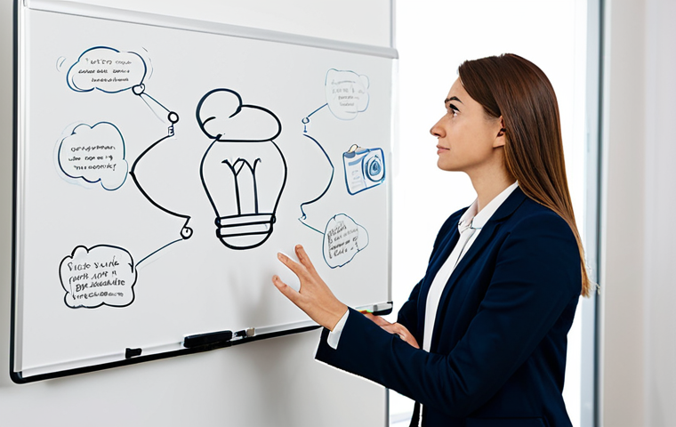 A thoughtful professional individual, fully clothed in a modest business casual outfit, stands in a brightly lit, contemporary office, gazing at a clean whiteboard. The whiteboard has a few sketched, abstract thought bubbles, subtly symbolizing ideas being organized or reframed. The individual's pose is natural and reflective, hands gently clasped. The background features blurred modern office furniture and natural light. This image conveys clarity and problem-solving. Perfect anatomy, correct proportions, well-formed hands, proper finger count, natural body proportions. Safe for work, appropriate content, fully clothed, professional, family-friendly.