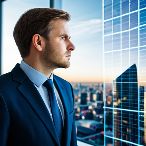 Home 7 A thoughtful professional individual, wearing a modest business suit, stands in a brightly lit, modern office. The person is looking intently at a dynamic, glowing holographic projection that displays complex, interconnected ideas and data visualizations, symbolizing new perspectives and breaking through cognitive biases. The background features blurred cityscapes, suggesting a global context. The image conveys intellectual clarity and innovative problem-solving. This is a professional portrait, safe for work, appropriate content, fully clothed, professional dress, perfect anatomy, correct proportions, natural pose, well-formed hands, proper finger count, natural body proportions, high-quality professional photography.