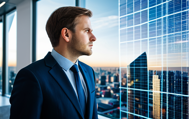 A thoughtful professional individual, wearing a modest business suit, stands in a brightly lit, modern office. The person is looking intently at a dynamic, glowing holographic projection that displays complex, interconnected ideas and data visualizations, symbolizing new perspectives and breaking through cognitive biases. The background features blurred cityscapes, suggesting a global context. The image conveys intellectual clarity and innovative problem-solving. This is a professional portrait, safe for work, appropriate content, fully clothed, professional dress, perfect anatomy, correct proportions, natural pose, well-formed hands, proper finger count, natural body proportions, high-quality professional photography.