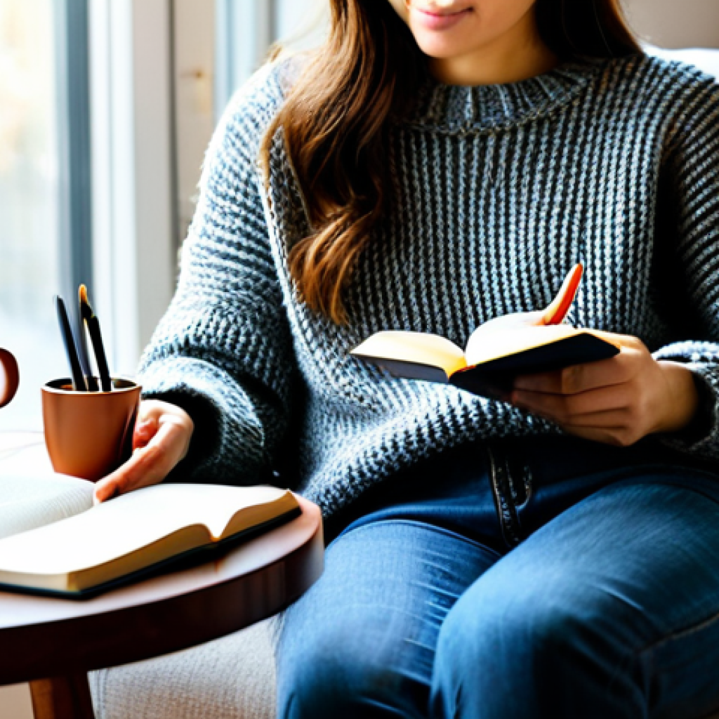 Journaling and Self-Reflection**
"A person sitting comfortably in an armchair in a sunlit living room, writing in a journal, a cup of tea on a nearby table, fully clothed in a cozy sweater and jeans, warm and inviting atmosphere, safe for work, appropriate content, perfect anatomy, natural proportions, professional, modest, family-friendly, high quality, detailed."
**