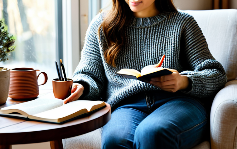 Journaling and Self-Reflection**
"A person sitting comfortably in an armchair in a sunlit living room, writing in a journal, a cup of tea on a nearby table, fully clothed in a cozy sweater and jeans, warm and inviting atmosphere, safe for work, appropriate content, perfect anatomy, natural proportions, professional, modest, family-friendly, high quality, detailed."
**