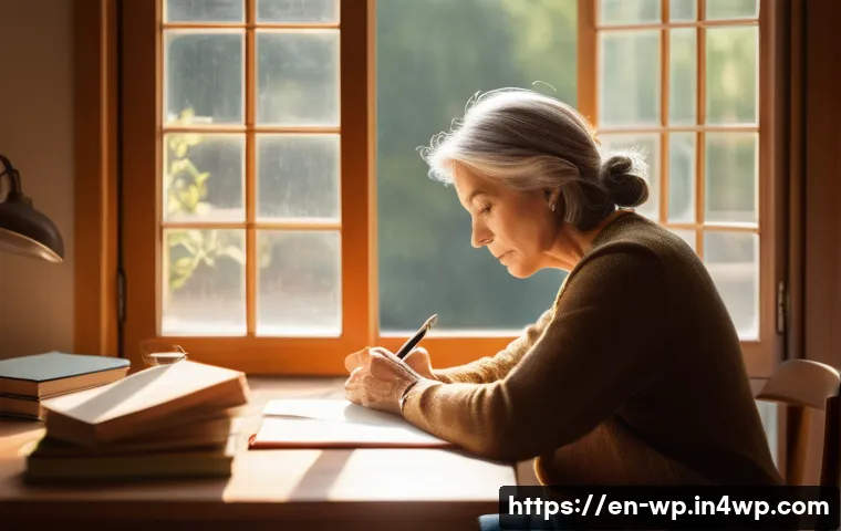 관점 전환 능력 훈련을 위한 주의 사항 - A thoughtful middle-aged woman sitting alone in a cozy, softly lit room, journaling her reflections ...