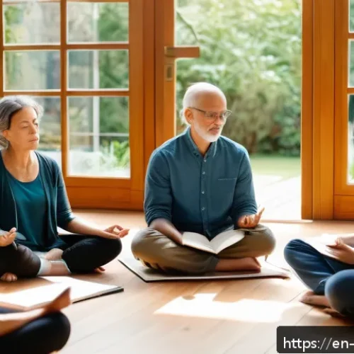 Home 32 관점 전환 능력 개발을 위한 행동 계획 - A serene, cozy indoor scene showing a diverse group of adults seated in a circle during a mindfulnes...