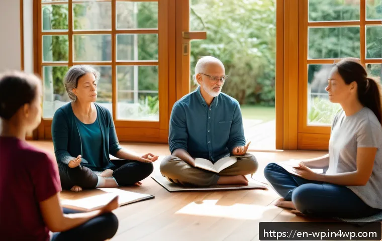 관점 전환 능력 개발을 위한 행동 계획 - A serene, cozy indoor scene showing a diverse group of adults seated in a circle during a mindfulnes...