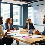 Home 18 관점 전환 훈련을 위한 흥미로운 질문 - A diverse group of professionals engaged in a collaborative brainstorming session in a modern office...